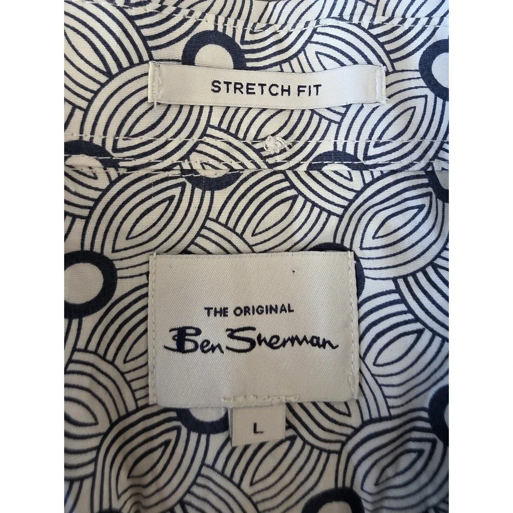 NWT Ben Sherman Button-Up Shirt Mens L Blue White Geometric Short Sleeve Cotton